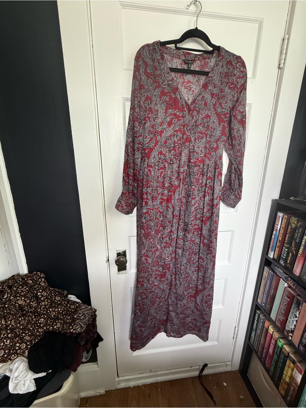 Lucky Brand Red & Grey Paisley Boho-Chic V-Neck Long-Sleeve Maxi Dress 70’s L - Picture 11 of 16